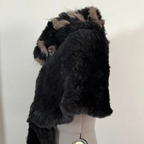 VTG Preston & York Black and Tan Rabbit and Fox Fur Shrug Wrap - Picture 2 of 9